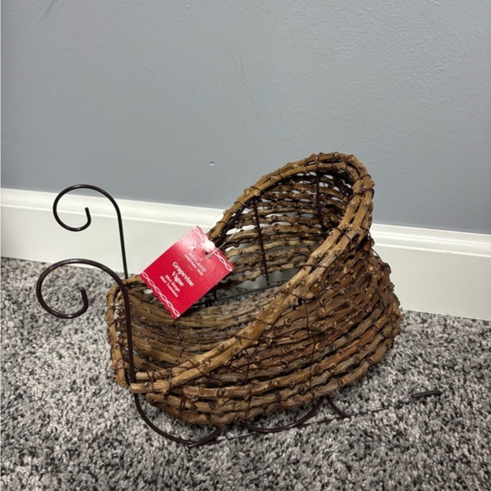Ashland Rustic Brown Basket with Metal Scroll Stand
